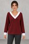 Women's V-Neck White-Paneled Long-Sleeved Waffle-Textured Triko-Style Chic Casual and Sporty Blouse - 5
