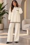 Women's Ecru Knit Set: Black-Striped Detail Crew-Neck Sweater with Pocket Detail and Wide-Leg Pants—2-Piece Set - 2