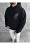 Black Oversized Premium Sweatshirt with Hood and Eagle Embroidery - 3