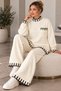 Women's Ecru Knit Set: Black-Striped Detail Crew-Neck Sweater with Pocket Detail and Wide-Leg Pants—2-Piece Set - 3