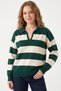 Women's Green Cream Striped Polo Collar Sweater