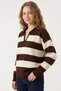 Women's Brown Cream Striped Polo Collar Sweater - 2