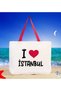 I Love Istanbul Red-Handled Canvas Beach Bag 48x40m, Printed Shoulder Bag, Shopping Bag