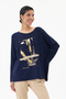 Women's Navy Blue Gilded Italian-Textured Oversized Knit Sweater, Sizes 40–46