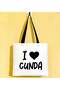 I Love Cunda Black Gabardine Fabric Bag with Handles, 40x35 cm, Printed Shoulder Bag, Shopping Bag