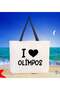 I Love Olimpos Black Canvas Beach Bag with Handles, 48x40m, Printed Shoulder Bag, Shopping