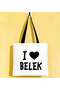 I Love Belek Black Gabardine Fabric Bag with Handles, 40x35 cm, Printed Shoulder Bag, Shopping Bag