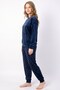 Women's Navy Blue Crew Neck Velvet Pajama Set with Embroidery Details and Buckle Detail - 3