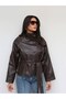 ONYX Women's Brown Belted Leather Jacket with Mock Neck, Pockets, and Lining - 6