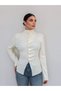 High-neck, pleated front cardigan - 4