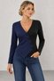 Women's Two-Tone V-Neck Modal Blouse with Collar Detail, Asymmetrical Cut, Long Sleeves, Fall/Winter - 4