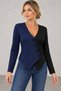 Women's Two-Tone V-Neck Modal Blouse with Collar Detail, Asymmetrical Cut, Long Sleeves, Fall/Winter - 2