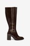 Women's Coffee-Colored Shiny Belt Buckle and Zip Detail on Round Toe Boots - 2