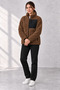 Women's Brown Lambskin Welsoft Fleece Jacket with Full Zipper and 3 Zippered Pockets - 5