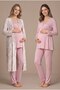 Women's Long-Sleeved Lace-Trimmed Powder-Print Pajama Set with Robe for Postpartum and Pregnancy, Designed for Easy Breastfeeding