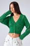Women's Green V-Neck Button-Up Cropped Long-Sleeve Knit Cardigan with Slit Details and Sleeve Details - 2
