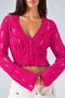 Women's Green V-Neck Button-Up Cropped Long-Sleeve Knit Cardigan with Slit Details and Sleeve Details