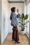 Women's Brown Tunic Jacket with Vertical Stripes and a Metal Buckled Belt - 4