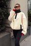 Beige Tedy Embroidered Paneled Half-Buttoned Women's Plush Sweatshirt - 4