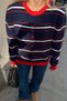 Navy Blue Three-Stripe Button-Front Crew Neck Women's Knit Cardigan - 5