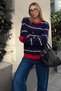 Navy Blue Three-Stripe Button-Front Crew Neck Women's Knit Cardigan