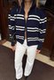 Navy Blue Yely Double-Striped, Two-Way Zipper, Mock Neck Women's Knit Cardigan - 5