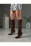 Women's Coffee-Colored Suede 9 cm Heeled Pointed Toe Stylish and Comfortable Knee-High Boots