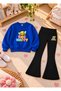 Girls' Flared Leggings Set with Crew Neck Printed Sweatshirt—3-Ply Brushed Inside Winter Cotton Set