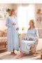 New Season Blue Lace-Sleeve Detail, Easy-Breastfeeding Design, Long-Sleeved Postpartum and Maternity Robe and Nightgown Set