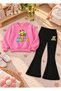 Girls' Flared Leggings Set with Crew Neck Printed Sweatshirt—3-Ply Brushed Inside Winter Cotton Set