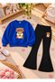 Girls' Flared Leggings Set with Crew Neck Printed Sweatshirt—3-Ply Brushed Inside Winter Cotton Set