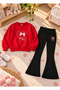 Girls' Flared Leggings Set with Crew Neck Printed Sweatshirt—3-Ply Brushed Inside Winter Cotton Set
