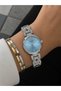 Milano Women's Silver-Toned Metal Strap Analog Watch with Light Blue Dial, Stone Embellishments, and Round Case, 32 mm