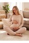 New Season Beige Crew Neck Long-Sleeved Postpartum and Maternity Pajama Set with Hidden Nursing Feature - 2