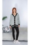 Women's Mint Green and Black Knitted Cardigan with Piped Detail and a Patterned V-Neck