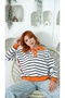 Women's Orange Polo Collar Black-and-White Striped Knit Sweater - 4
