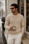 Men's 3-Piece Set – Leather Bomber Jacket with Two Pockets and 2 Crew Neck Corded Fabric Sweaters - 4