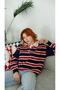 Women's Navy, Red, and Ecru Striped Polo Collar Knit Sweater - 3