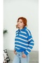 Women's Cobalt Blue and White Striped Polo Collar Knit Sweater - 2