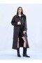 Women's Black Soft Leather-Belted Maxi Trench Coat - Oversized Buttoned Faux Leather Coat - 2