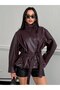 New Season Women's Mock Neck Leather Belted Trench Coat - 2