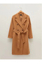 Brown Jacket with Collar, Button-Front Design, Belted at the Waist, Long-Sleeved, Thick Women's Melton Coat - 3
