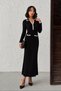 Women's Black Polo Collar, Button Detail, Long-Sleeve, Corded Fabric, Elegant Knit Midi Dress (S/M) - 5