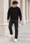 Men's Black Brioche Knit Crew-Neck Sweatshirt, Relaxed Fit with Elastic Cuffs and Hem - 3