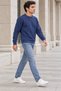 Men's Blue Brioche Knit Crew-Neck Sweatshirt, Relaxed Fit with Elastic Cuffs and Hem - 3