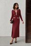 Women's Burgundy Polo Collar, Button Collar Detail, Long-Sleeved, Corded Fabric, Elegant Knit Midi Dress (S/M) - 2