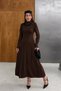 Women's Bitter Coffee-Colored Long-Sleeve Knit Dress with a Boat Neck, Detachable Scarf, and Half-Buttoned Sleeves - 3