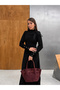 Women's Black Long Knit Dress with a Half-Turtleneck, Detachable Scarf, and Buttoned Sleeves - 5