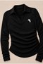 Black Polo Collar Long-Sleeve Glittery, Embroidered, Stretch Fabric Premium Body Blouse - 4