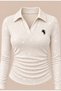 White Polo Collar, Long Sleeve, Glitter Embroidery, Embroidered, Stretch Fabric Premium Body Blouse - 2